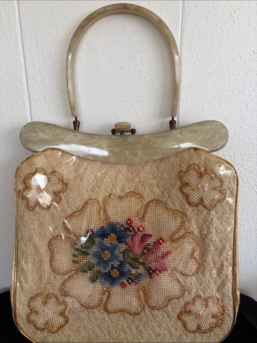 Vintage Rialto Cream and Gold Floral Needlepoint Top-Handle Purse